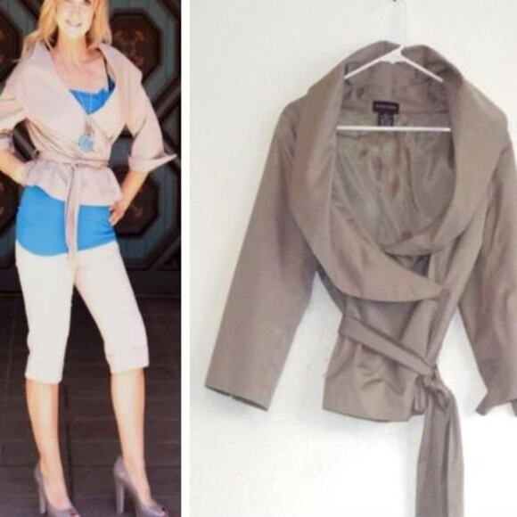 Sutton Studio Couture Wrap Jacket Sz 12 Tan Satin Cropped Cocktail Elegant Party - Picture 3 of 8